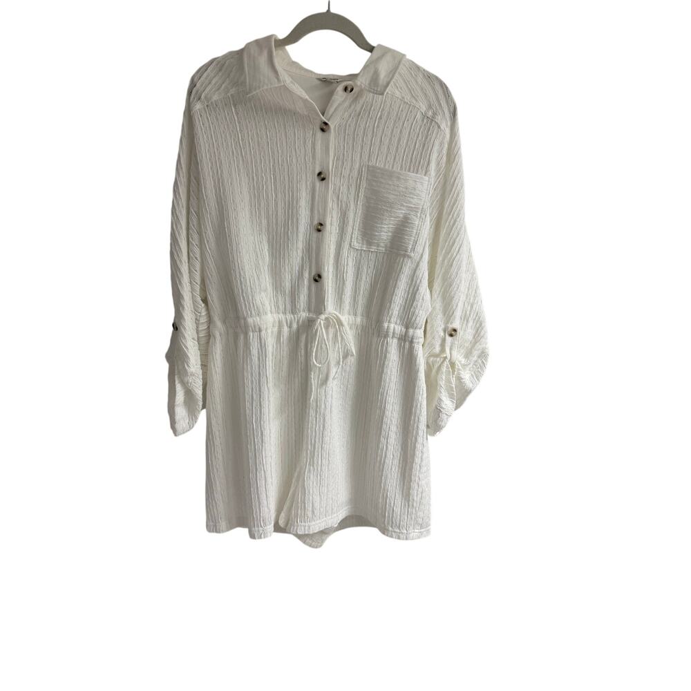 Versona White Textured Romper Size L Roll Tab Sleeve Drawstring Waist